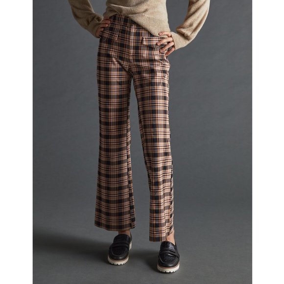 Anthropologie Maeve Flared Plaid Pants Black Motif - Size 16 Petite 16P - Picture 1 of 12